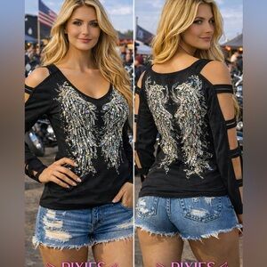 Platinum Plush Aurora Angel Wing Rhinestone Cold Shoulder Top